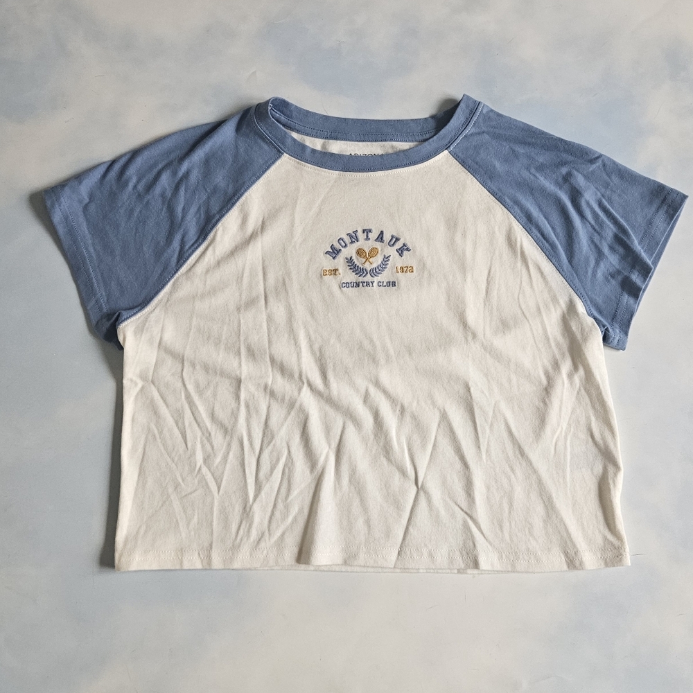 Blue & White Basebaell Raglan Tee Montauk Embroidered Crop Top Country Club
